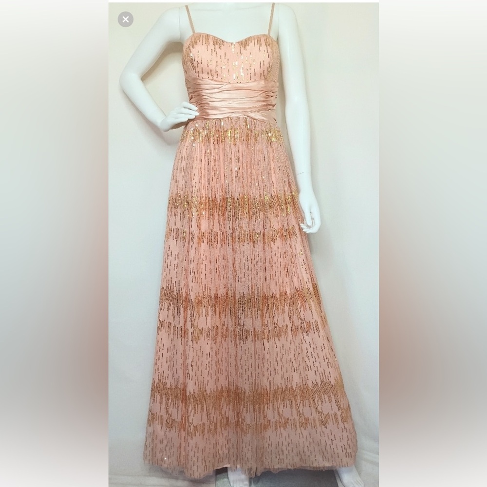 Rose gold satin & Mash with gold sequins maxi dress prom gown